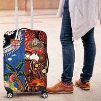 Fiji and Australia Together Luggage Cover Fijian Tapa Plants with Kangaroo and Aboriginal LT03 Black - Polynesian Pride