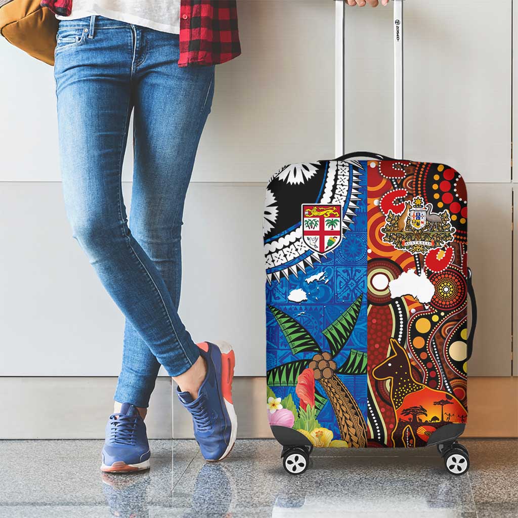 Fiji and Australia Together Luggage Cover Fijian Tapa Plants with Kangaroo and Aboriginal LT03 - Polynesian Pride