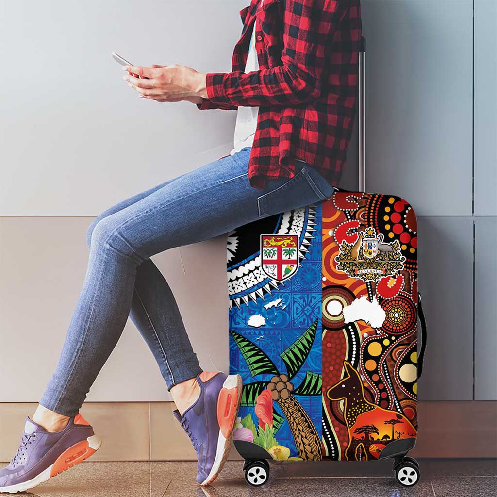 Fiji and Australia Together Luggage Cover Fijian Tapa Plants with Kangaroo and Aboriginal LT03 - Polynesian Pride