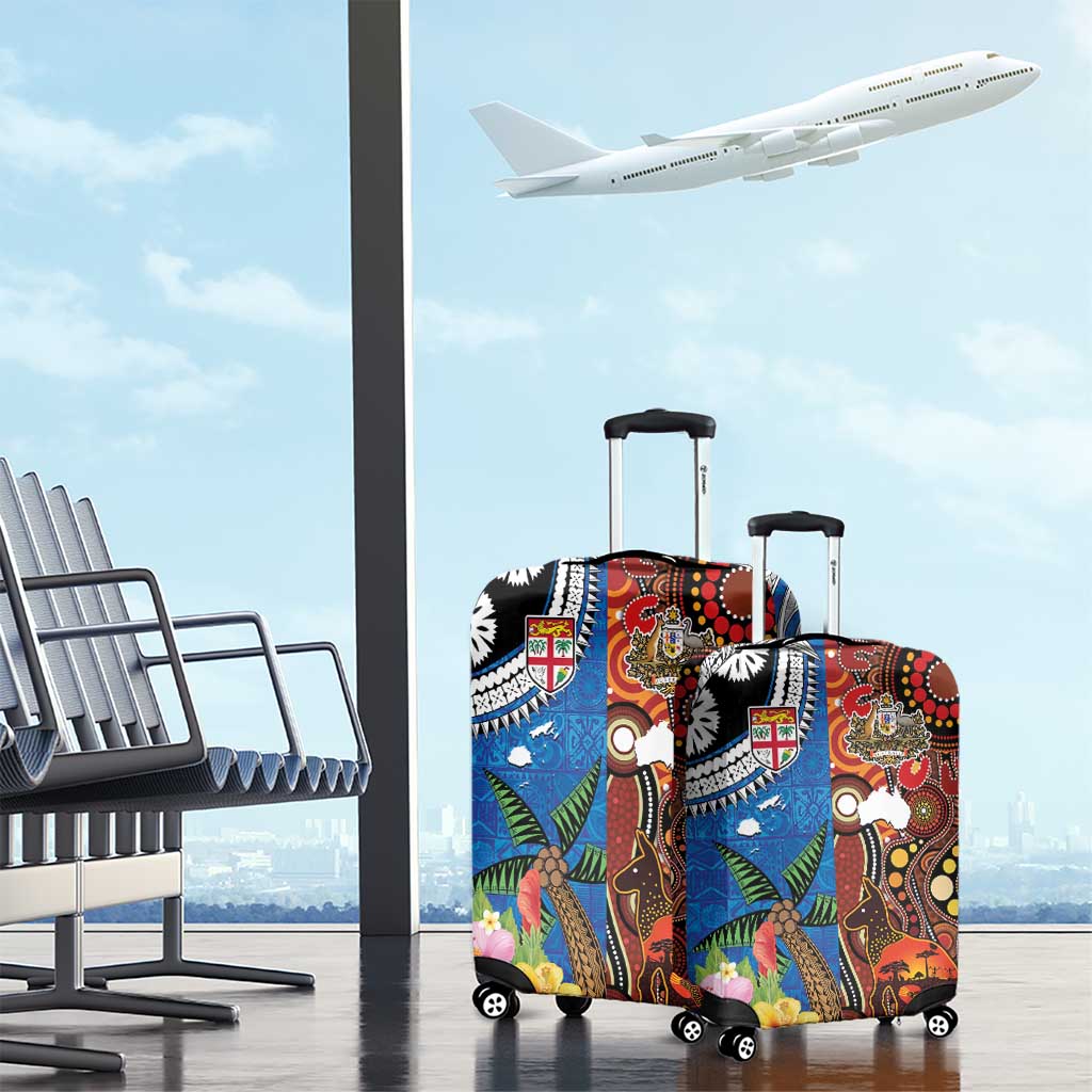 Fiji and Australia Together Luggage Cover Fijian Tapa Plants with Kangaroo and Aboriginal LT03 - Polynesian Pride