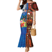 Fiji and Australia Together Mermaid Dress Fijian Tapa Plants with Kangaroo and Aboriginal LT03 Women Black - Polynesian Pride