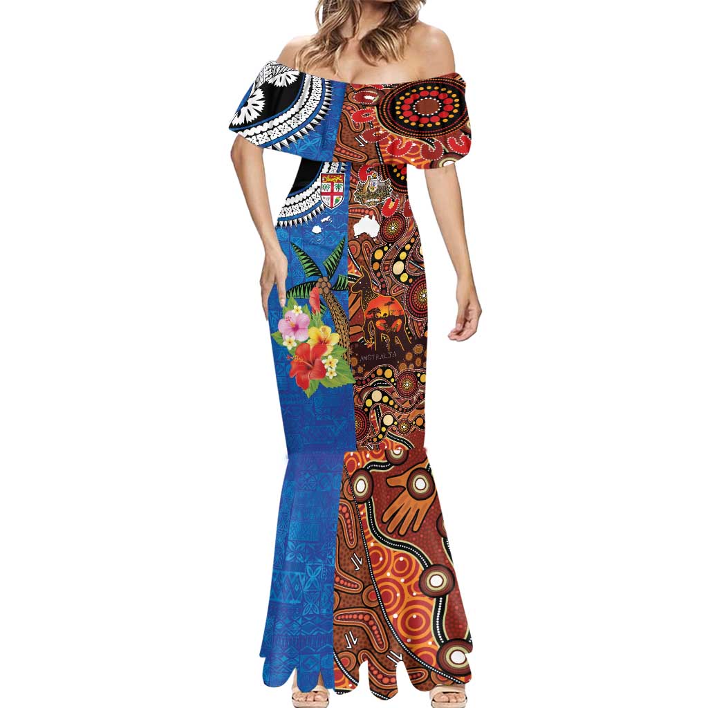 Fiji and Australia Together Mermaid Dress Fijian Tapa Plants with Kangaroo and Aboriginal LT03 - Polynesian Pride