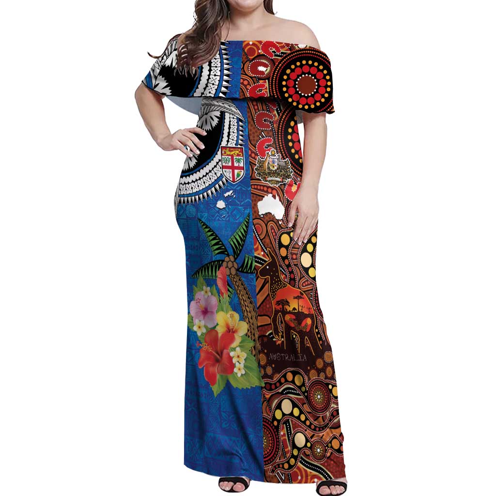 Fiji and Australia Together Off Shoulder Maxi Dress Fijian Tapa Plants with Kangaroo and Aboriginal LT03 Women Black - Polynesian Pride