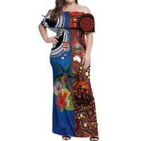 Fiji and Australia Together Off Shoulder Maxi Dress Fijian Tapa Plants with Kangaroo and Aboriginal LT03 Women Black - Polynesian Pride