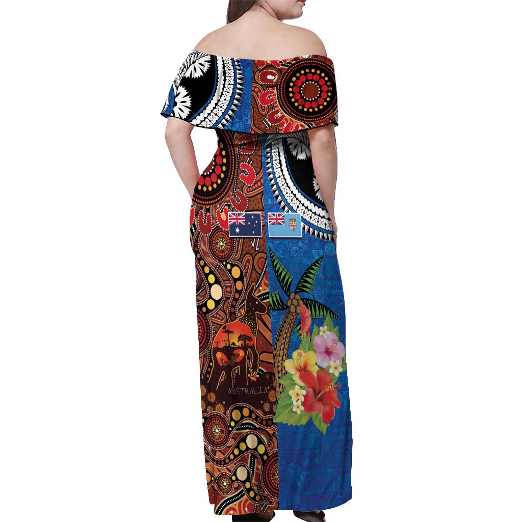 Fiji and Australia Together Off Shoulder Maxi Dress Fijian Tapa Plants with Kangaroo and Aboriginal LT03 - Polynesian Pride