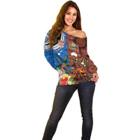 Fiji and Australia Together Off Shoulder Sweater Fijian Tapa Plants with Kangaroo and Aboriginal - Polynesian Pride