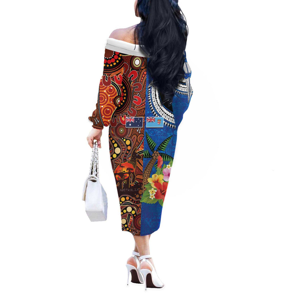 Fiji and Australia Together Off The Shoulder Long Sleeve Dress Fijian Tapa Plants with Kangaroo and Aboriginal LT03 - Polynesian Pride