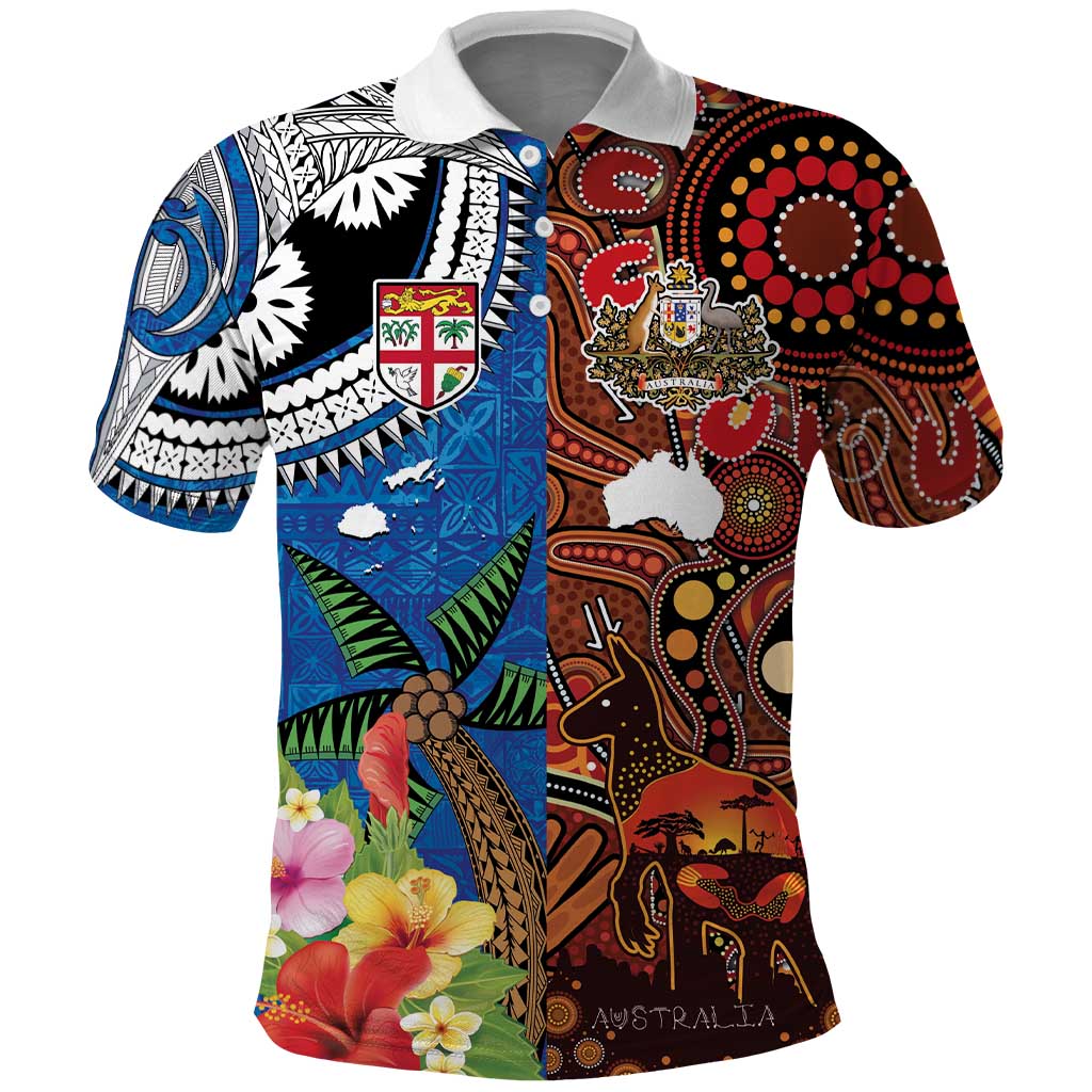 Fiji and Australia Together Polo Shirt Fijian Tapa Plants with Kangaroo and Aboriginal LT03 Black - Polynesian Pride
