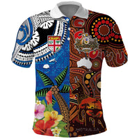 Fiji and Australia Together Polo Shirt Fijian Tapa Plants with Kangaroo and Aboriginal LT03 Black - Polynesian Pride