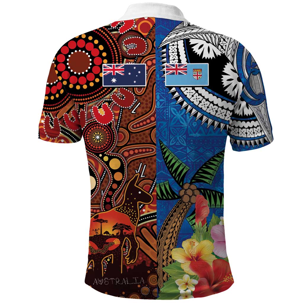 Fiji and Australia Together Polo Shirt Fijian Tapa Plants with Kangaroo and Aboriginal LT03 - Polynesian Pride