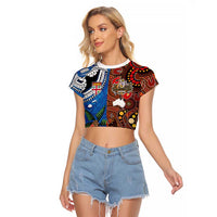 Fiji and Australia Together Raglan Cropped T Shirt Fijian Tapa Plants with Kangaroo and Aboriginal LT03 Female Black - Polynesian Pride
