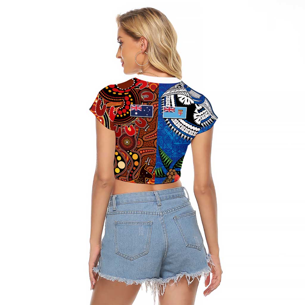 Fiji and Australia Together Raglan Cropped T Shirt Fijian Tapa Plants with Kangaroo and Aboriginal LT03 - Polynesian Pride