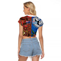 Fiji and Australia Together Raglan Cropped T Shirt Fijian Tapa Plants with Kangaroo and Aboriginal LT03 - Polynesian Pride