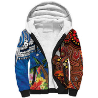 Fiji and Australia Together Sherpa Hoodie Fijian Tapa Plants with Kangaroo and Aboriginal LT03 Unisex Black - Polynesian Pride