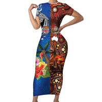 Fiji and Australia Together Short Sleeve Bodycon Dress Fijian Tapa Plants with Kangaroo and Aboriginal LT03 Long Dress Black - Polynesian Pride