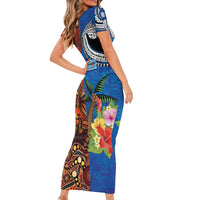 Fiji and Australia Together Short Sleeve Bodycon Dress Fijian Tapa Plants with Kangaroo and Aboriginal LT03 - Polynesian Pride