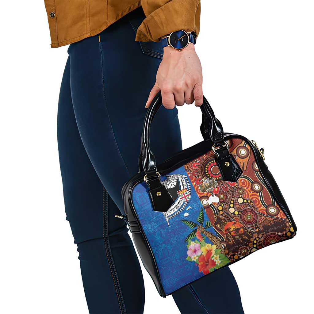Fiji and Australia Together Shoulder Handbag Fijian Tapa Plants with Kangaroo and Aboriginal - Polynesian Pride