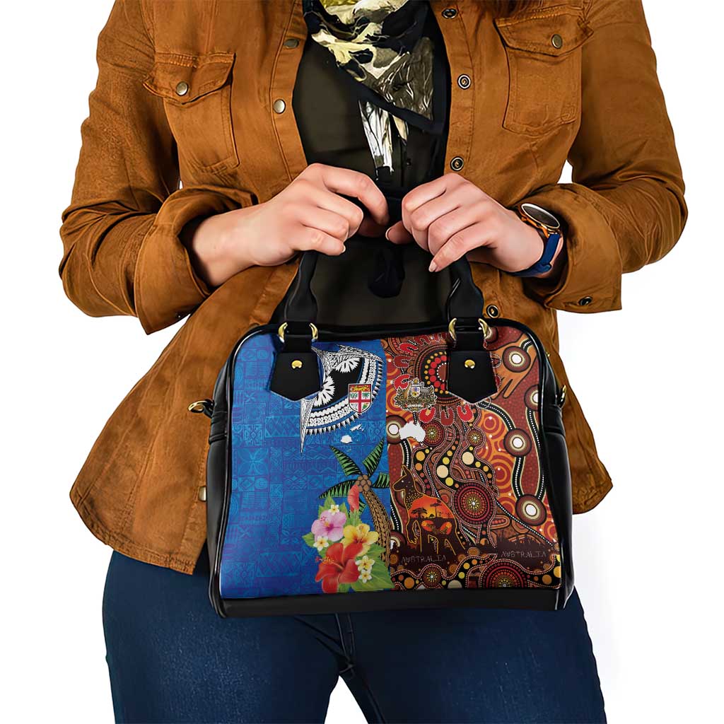Fiji and Australia Together Shoulder Handbag Fijian Tapa Plants with Kangaroo and Aboriginal - Polynesian Pride