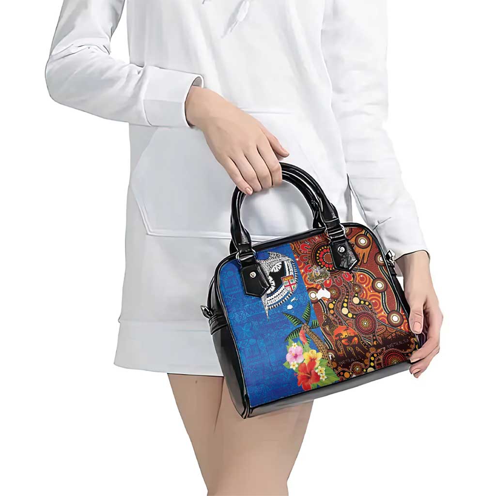 Fiji and Australia Together Shoulder Handbag Fijian Tapa Plants with Kangaroo and Aboriginal - Polynesian Pride