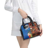 Fiji and Australia Together Shoulder Handbag Fijian Tapa Plants with Kangaroo and Aboriginal - Polynesian Pride