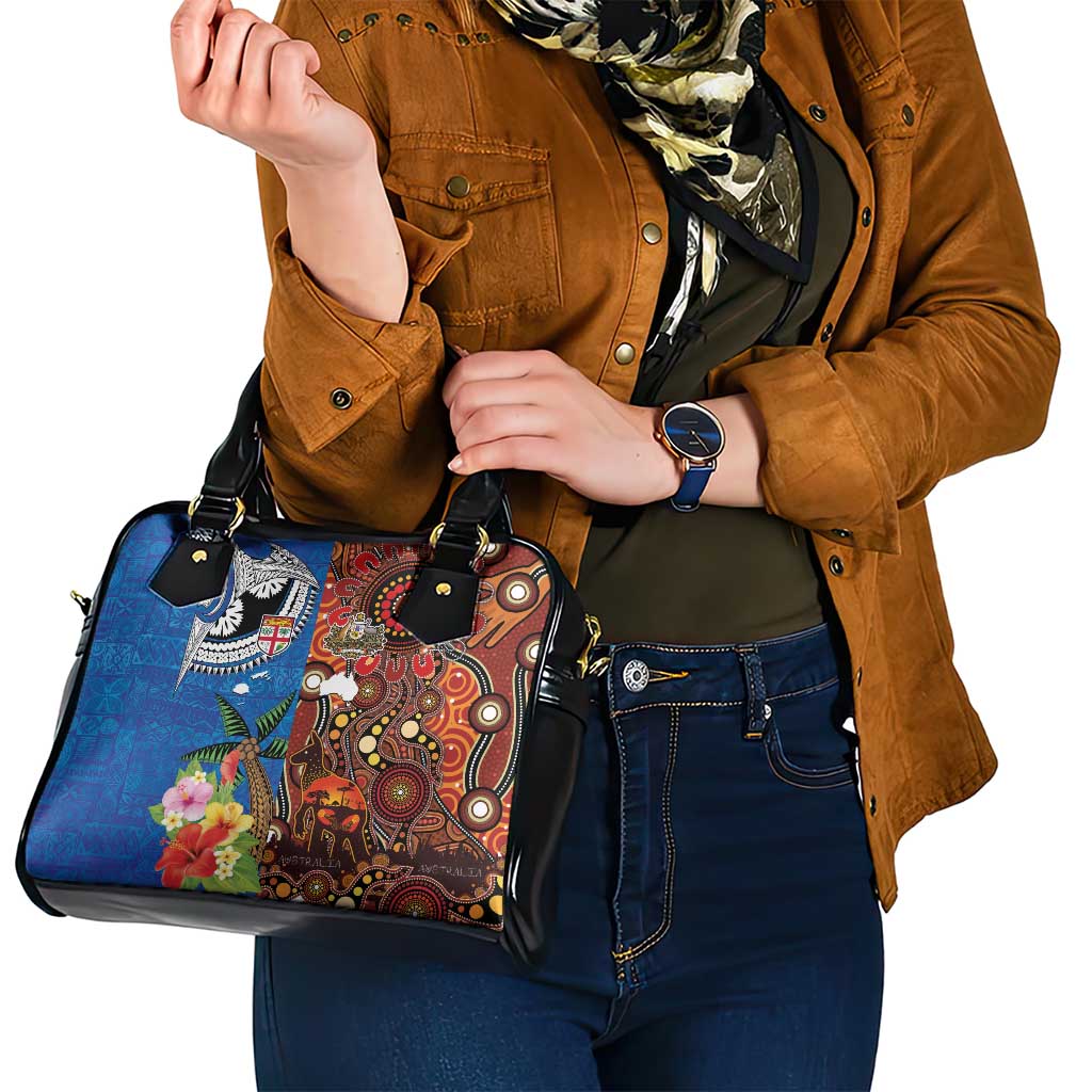 Fiji and Australia Together Shoulder Handbag Fijian Tapa Plants with Kangaroo and Aboriginal - Polynesian Pride