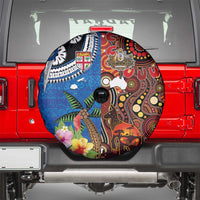 Fiji and Australia Together Spare Tire Cover Fijian Tapa Plants with Kangaroo and Aboriginal LT03 - Polynesian Pride