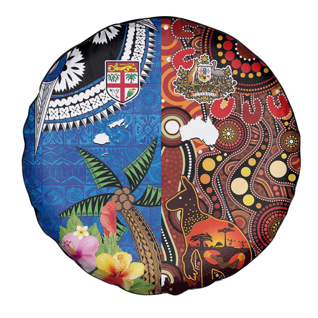 Fiji and Australia Together Spare Tire Cover Fijian Tapa Plants with Kangaroo and Aboriginal LT03 - Polynesian Pride
