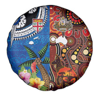 Fiji and Australia Together Spare Tire Cover Fijian Tapa Plants with Kangaroo and Aboriginal LT03 - Polynesian Pride