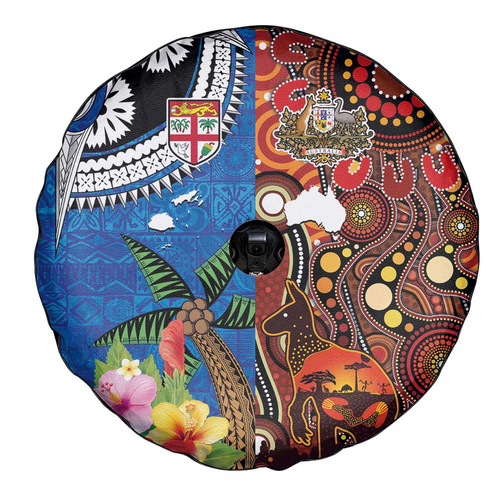 Fiji and Australia Together Spare Tire Cover Fijian Tapa Plants with Kangaroo and Aboriginal LT03 - Polynesian Pride