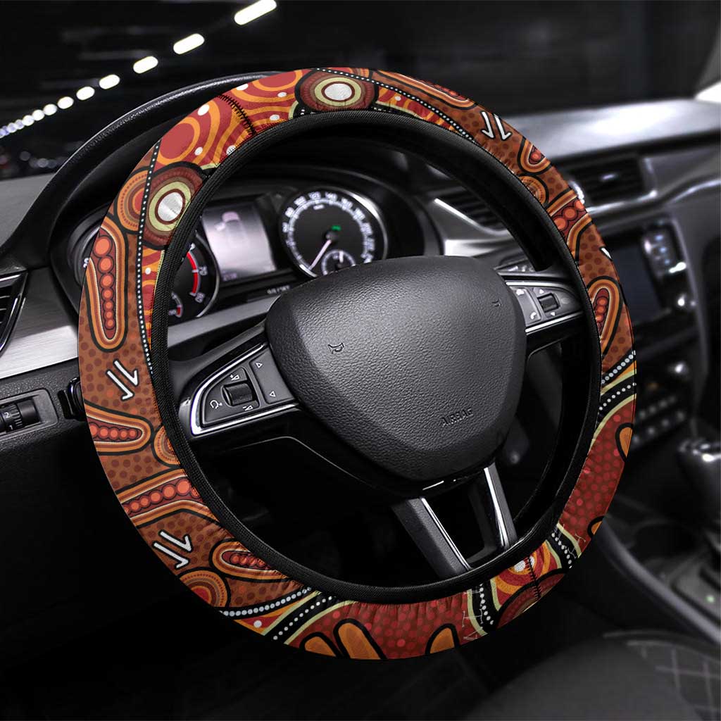 Fiji and Australia Together Steering Wheel Cover Fijian Tapa Plants with Kangaroo and Aboriginal - Polynesian Pride