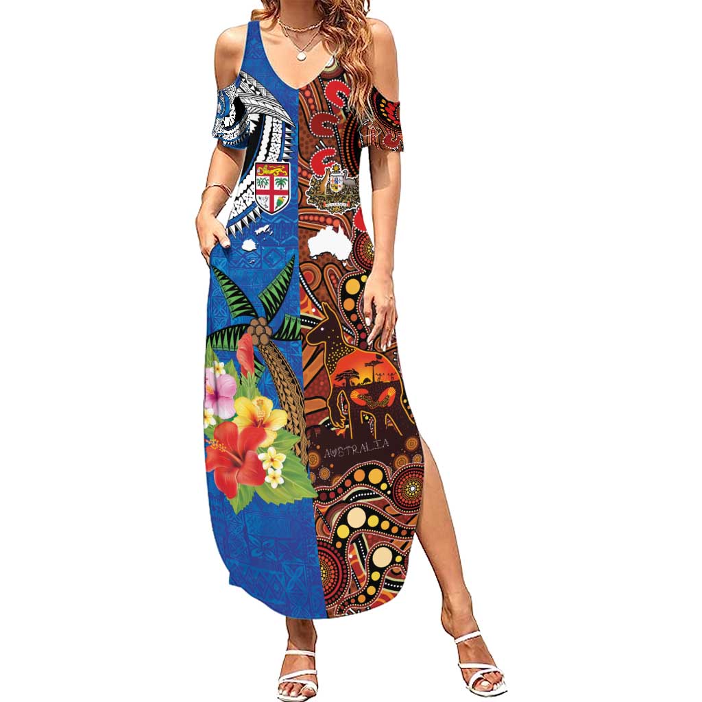 Fiji and Australia Together Summer Maxi Dress Fijian Tapa Plants with Kangaroo and Aboriginal LT03 Women Black - Polynesian Pride