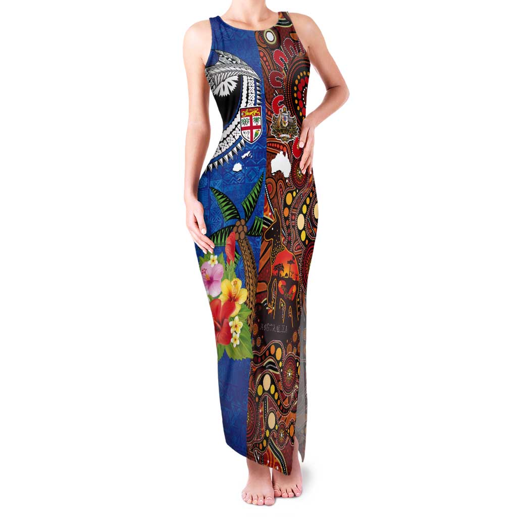 Fiji and Australia Together Tank Maxi Dress Fijian Tapa Plants with Kangaroo and Aboriginal LT03 Women Black - Polynesian Pride