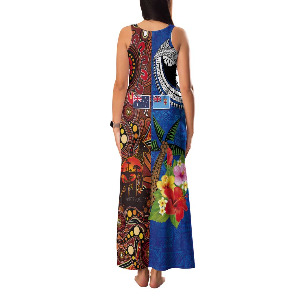 Fiji and Australia Together Tank Maxi Dress Fijian Tapa Plants with Kangaroo and Aboriginal LT03 - Polynesian Pride