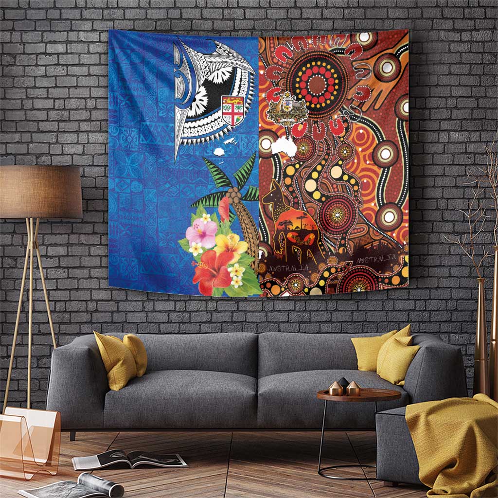 Fiji and Australia Together Tapestry Fijian Tapa Plants with Kangaroo and Aboriginal - Polynesian Pride