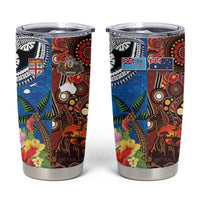 Fiji and Australia Together Tumbler Cup Fijian Tapa Plants with Kangaroo and Aboriginal LT03 Black - Polynesian Pride