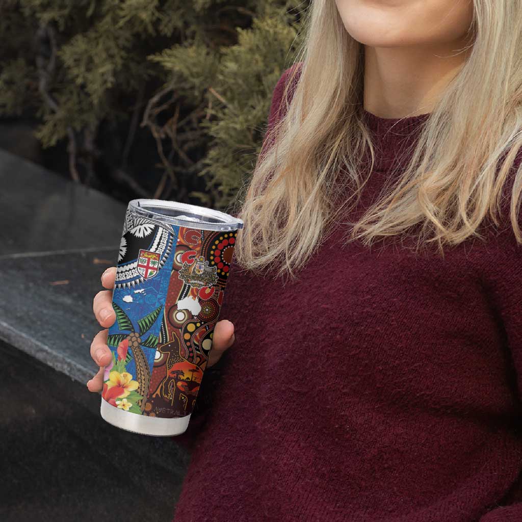 Fiji and Australia Together Tumbler Cup Fijian Tapa Plants with Kangaroo and Aboriginal LT03 - Polynesian Pride