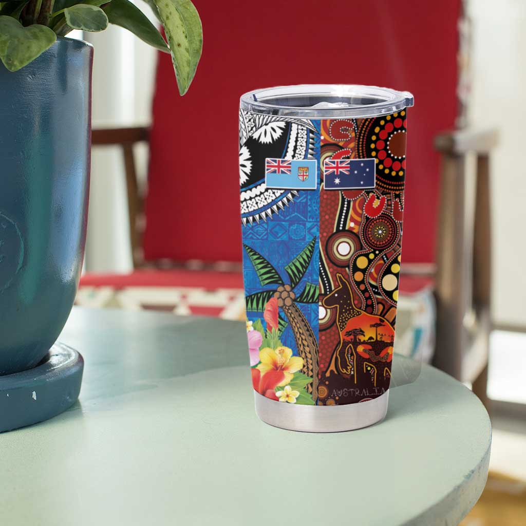 Fiji and Australia Together Tumbler Cup Fijian Tapa Plants with Kangaroo and Aboriginal LT03 - Polynesian Pride