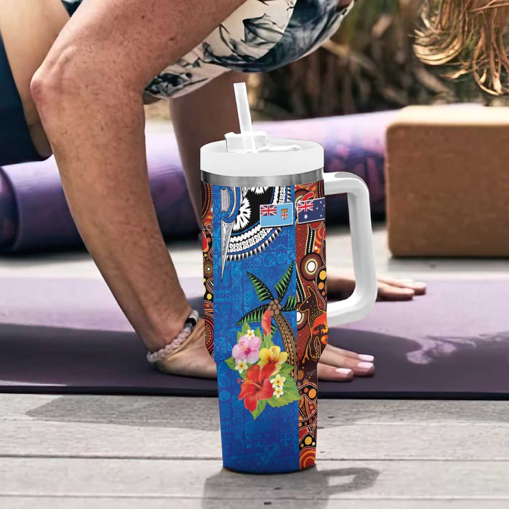 Fiji and Australia Together Tumbler With Handle Fijian Tapa Plants with Kangaroo and Aboriginal - Polynesian Pride