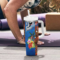 Fiji and Australia Together Tumbler With Handle Fijian Tapa Plants with Kangaroo and Aboriginal - Polynesian Pride