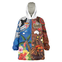 Fiji and Australia Together Wearable Blanket Hoodie Fijian Tapa Plants with Kangaroo and Aboriginal LT03 One Size Black - Polynesian Pride
