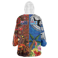 Fiji and Australia Together Wearable Blanket Hoodie Fijian Tapa Plants with Kangaroo and Aboriginal LT03 - Polynesian Pride