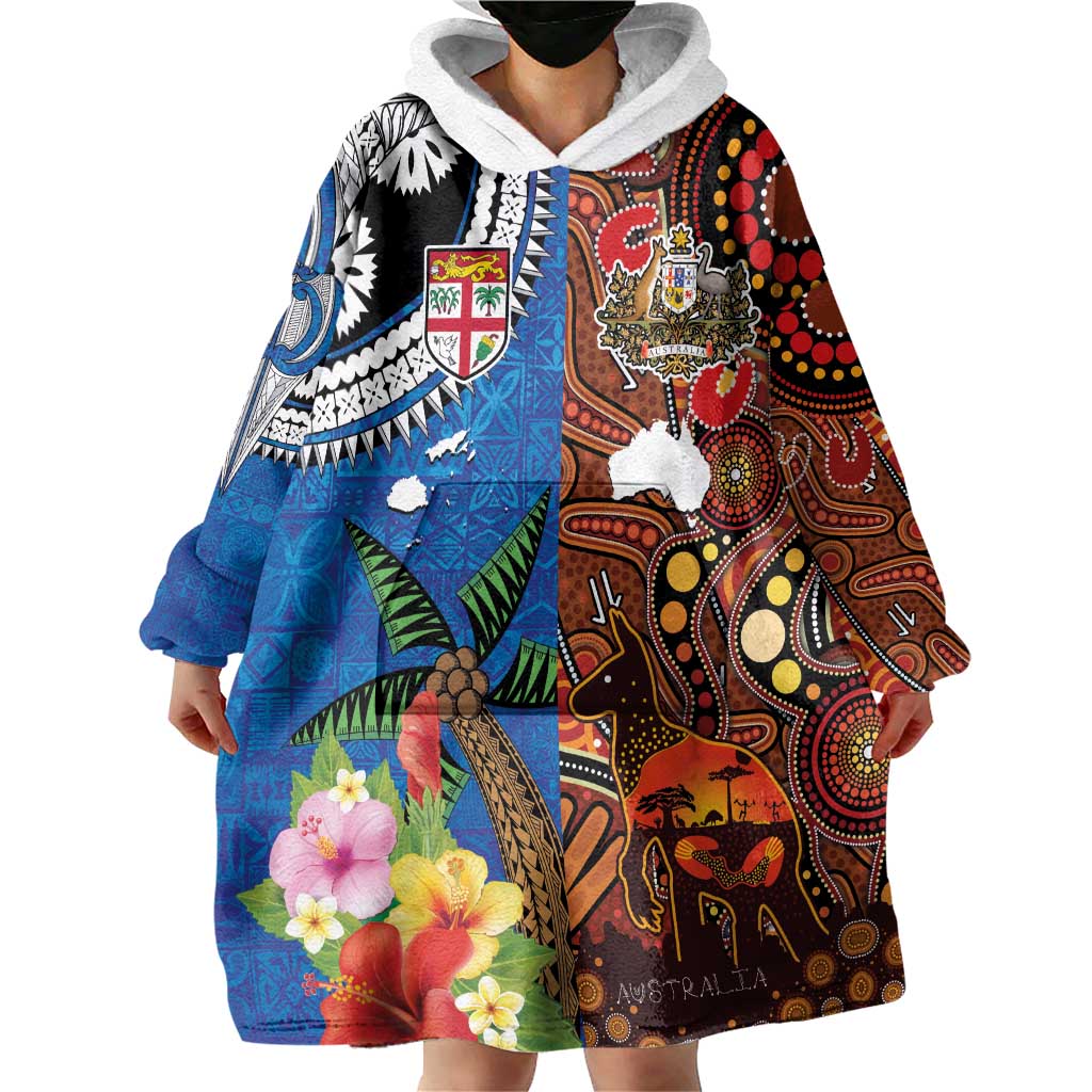 Fiji and Australia Together Wearable Blanket Hoodie Fijian Tapa Plants with Kangaroo and Aboriginal LT03 - Polynesian Pride