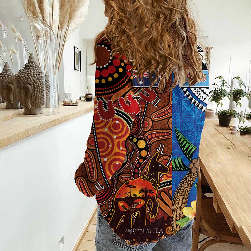 Fiji and Australia Together Women Casual Shirt Fijian Tapa Plants with Kangaroo and Aboriginal LT03 - Polynesian Pride