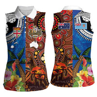 Fiji and Australia Together Women Sleeveless Polo Shirt Fijian Tapa Plants with Kangaroo and Aboriginal LT03 - Polynesian Pride