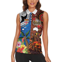 Fiji and Australia Together Women Sleeveless Polo Shirt Fijian Tapa Plants with Kangaroo and Aboriginal LT03 - Polynesian Pride