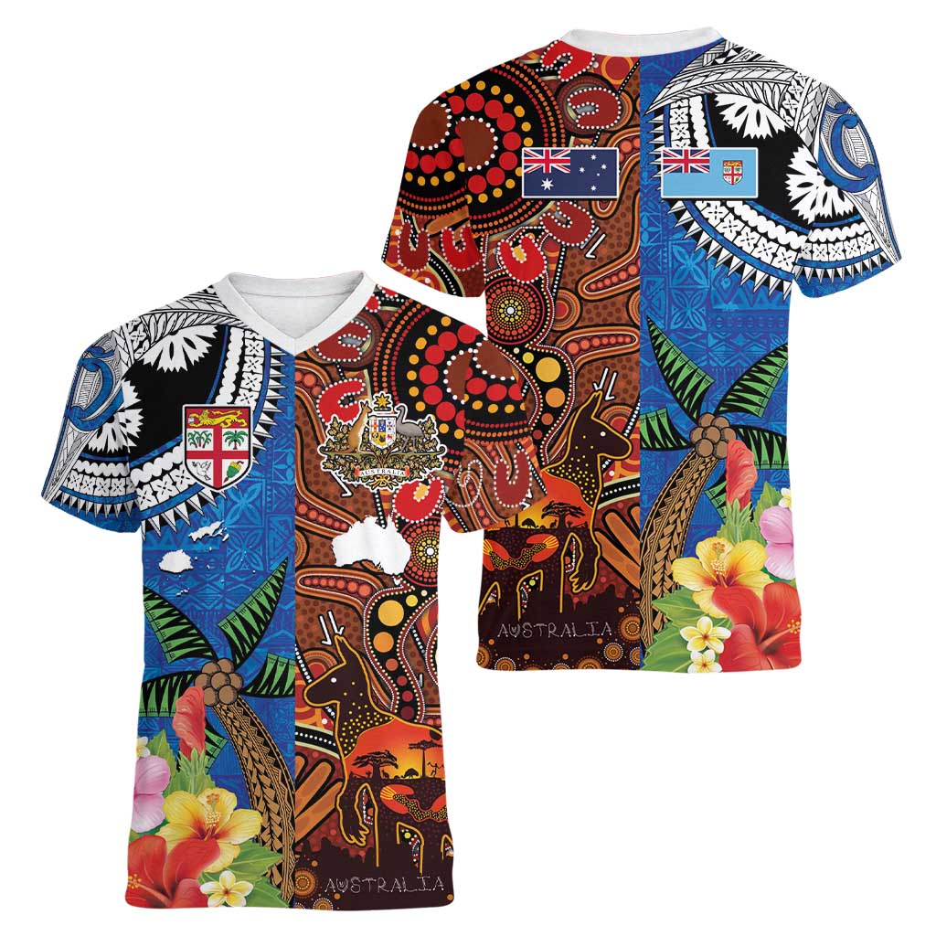 Fiji and Australia Together Women V-Neck T-Shirt Fijian Tapa Plants with Kangaroo and Aboriginal LT03 - Polynesian Pride