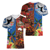 Fiji and Australia Together Women V-Neck T-Shirt Fijian Tapa Plants with Kangaroo and Aboriginal LT03 - Polynesian Pride