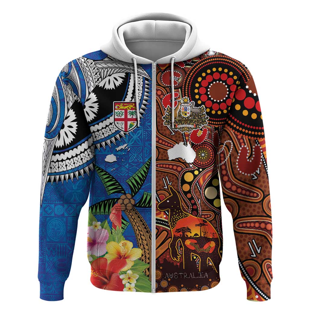 Fiji and Australia Together Zip Hoodie Fijian Tapa Plants with Kangaroo and Aboriginal LT03 Zip Hoodie Black - Polynesian Pride