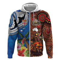 Fiji and Australia Together Zip Hoodie Fijian Tapa Plants with Kangaroo and Aboriginal LT03 Zip Hoodie Black - Polynesian Pride