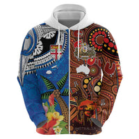 Fiji and Australia Together Zip Hoodie Fijian Tapa Plants with Kangaroo and Aboriginal LT03 - Polynesian Pride
